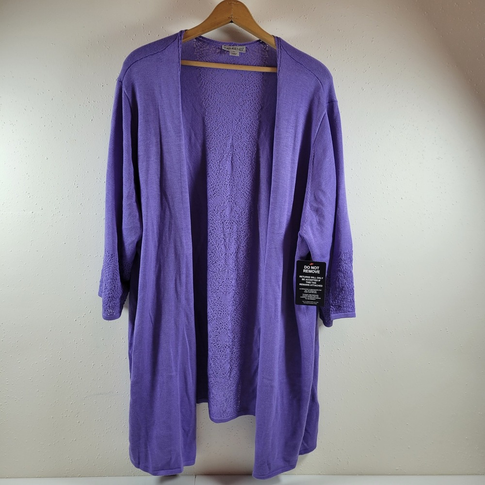 NWT Catherines Cardigan Womens 4X Purple  Pointelle Knit Open Front Wool Silk